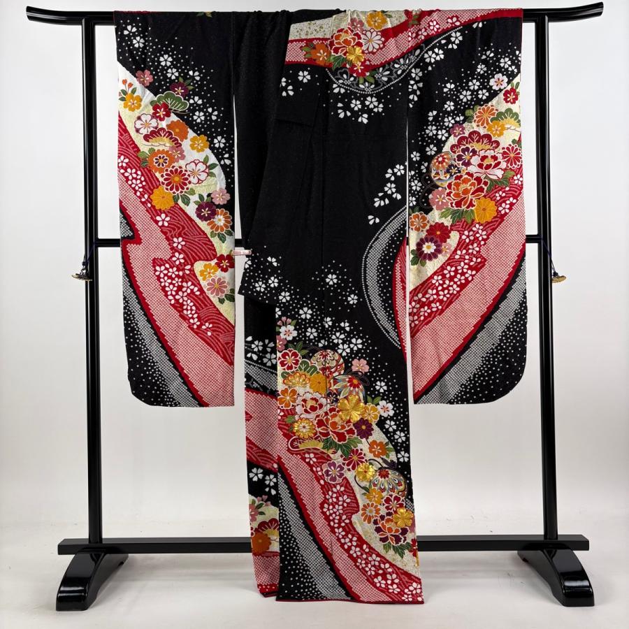 美品 振袖 身丈168cm 裄丈67cm M 袷 草花 手鞠 銀通し 金彩 黒 正絹 