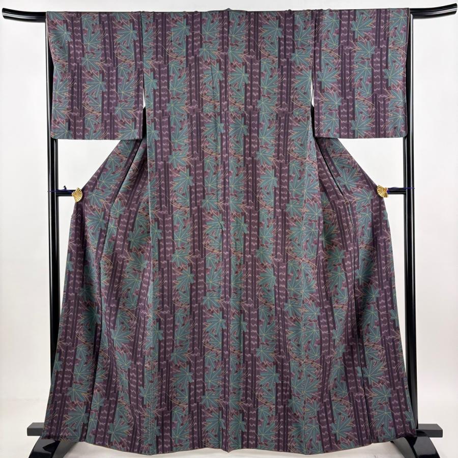 美品 小紋 身丈165cm 裄丈65cm M 袷 袋名古屋帯セット 葉柄 縦縞 紫 正絹 秀品 中古_2