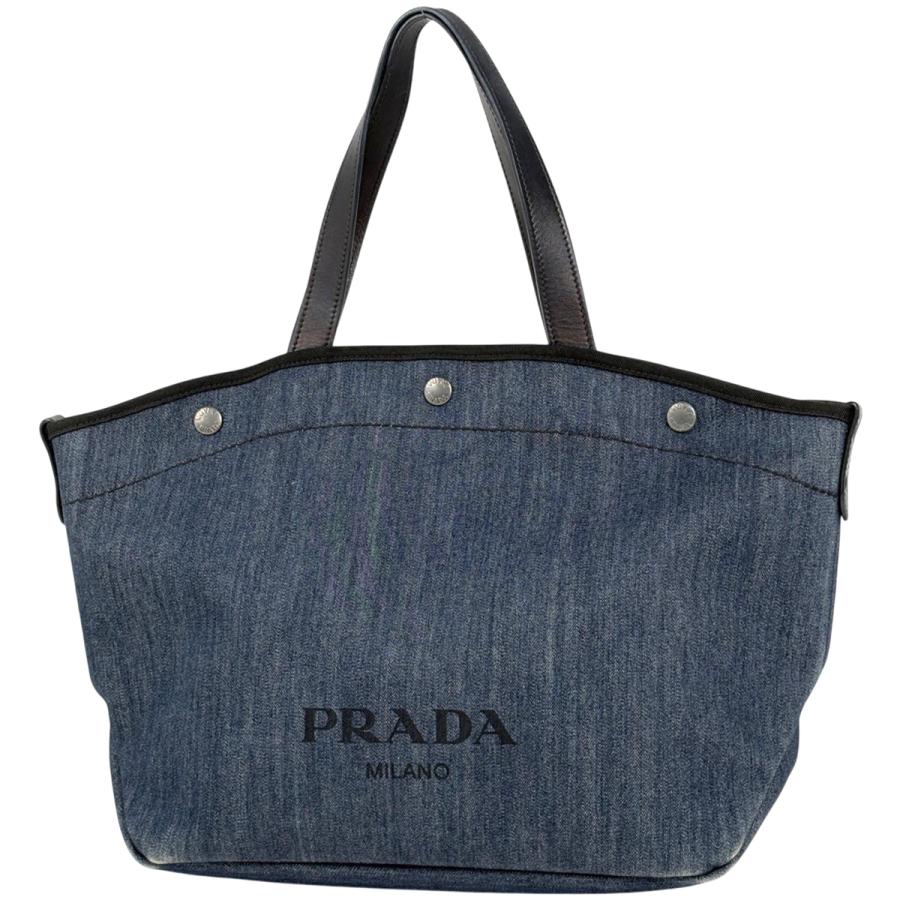 美品　プラダ　ギャザー　トートバッグ　ハンドバッグ　ネイビー　紺　ゴールド　ロゴ PRADA（プラダ） ロゴ トートバッグ デニム ネイビー 1BG242