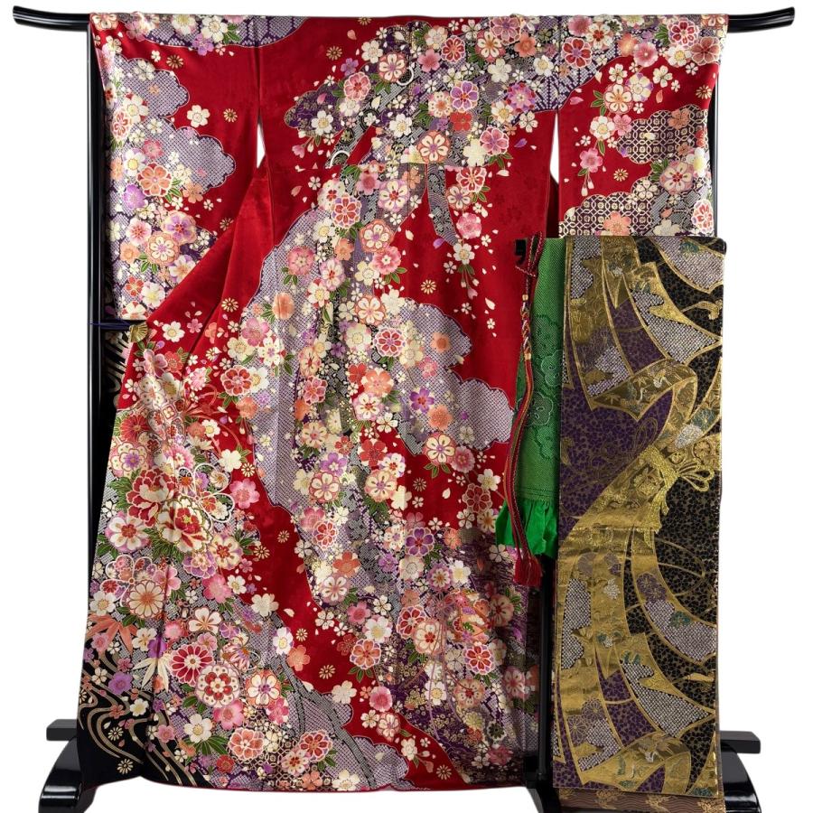 振袖フルセット袷 草花 花びら 金彩 箔 えんじ色 正絹 【公式通販】