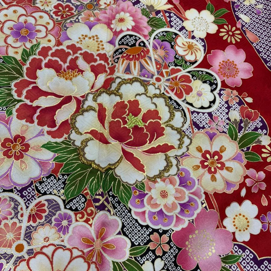 振袖フルセット袷 草花 花びら 金彩 箔 えんじ色 正絹 【公式通販】