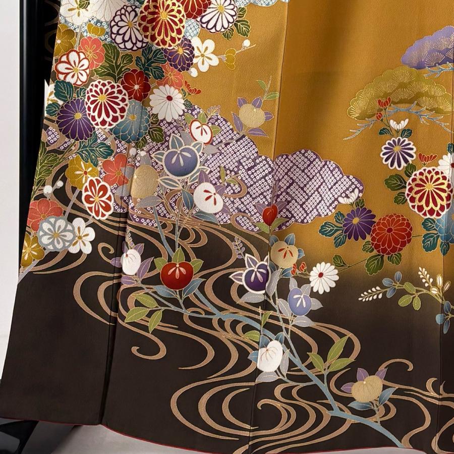 美品 振袖 身丈163.5cm 裄丈67.5cm L 袷 袋帯フルセット 菊 流水 金糸 