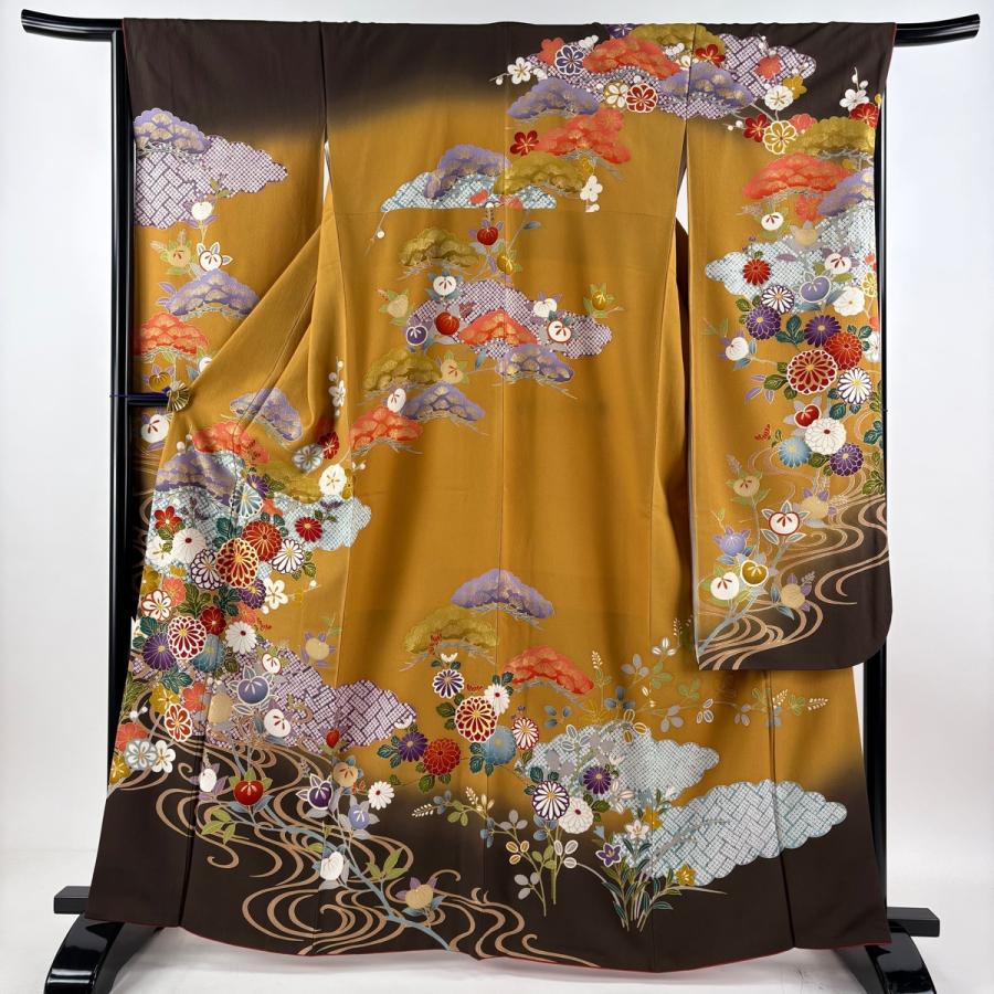 美品 振袖 身丈163.5cm 裄丈67.5cm L 袷 袋帯フルセット 菊 流水 金糸 
