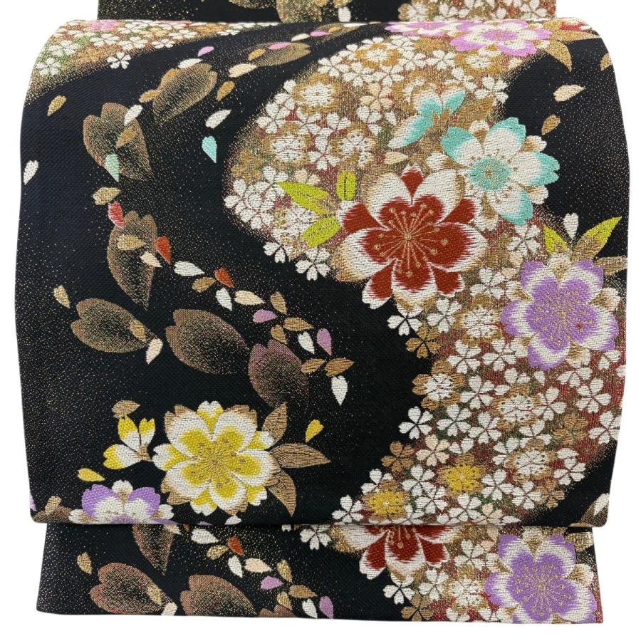 美品 袋帯 秀品 振袖向き 桜 流水 金糸 箔 黒 六通 正絹 中古