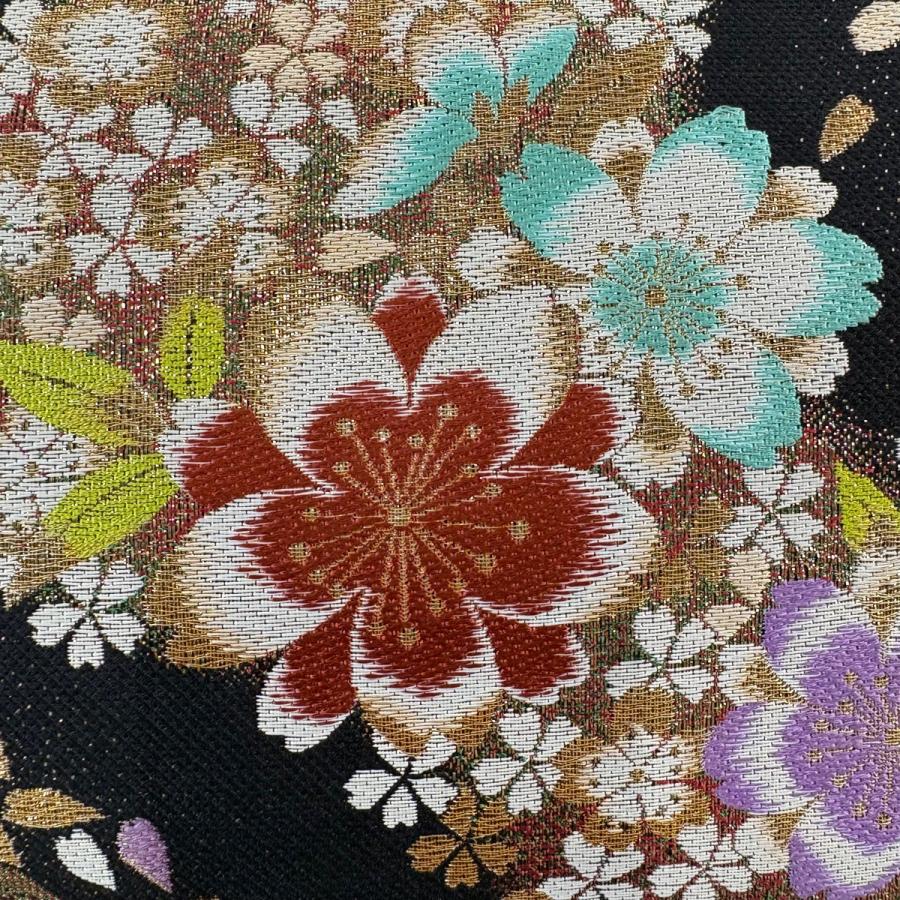 美品 袋帯 秀品 振袖向き 桜 流水 金糸 箔 黒 六通 正絹 中古