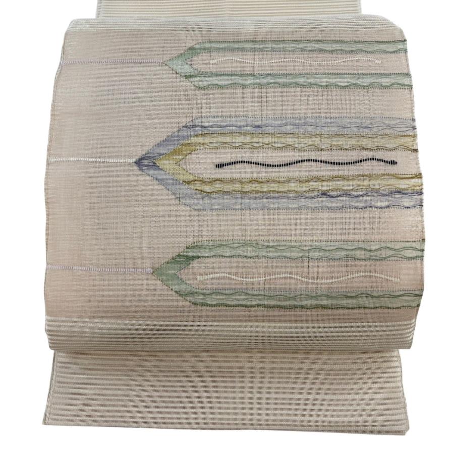 美品 名古屋帯 秀品 夏帯 絽 幾何学模様 金銀糸 薄ピンク 正絹 中古