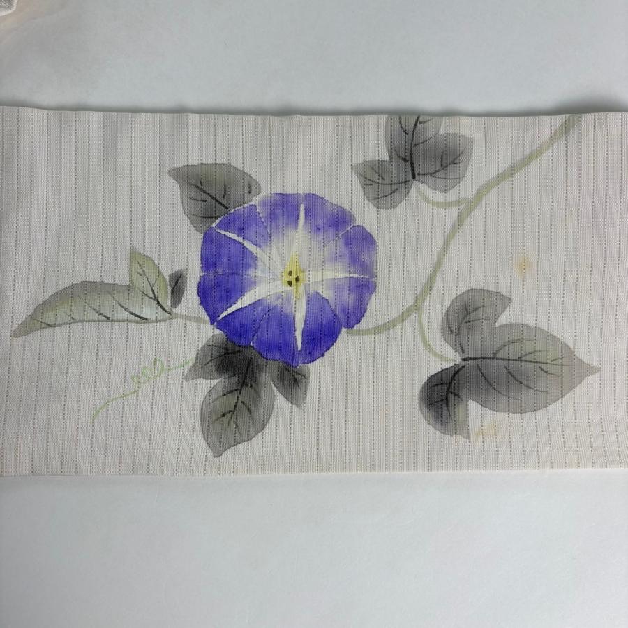 名古屋帯 秀品 落款あり 夏帯 絽 朝顔 クリーム 正絹 中古 : リユース 