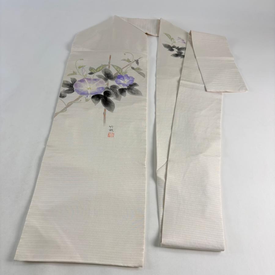 名古屋帯 秀品 落款あり 夏帯 絽 朝顔 クリーム 正絹 中古 : リユース