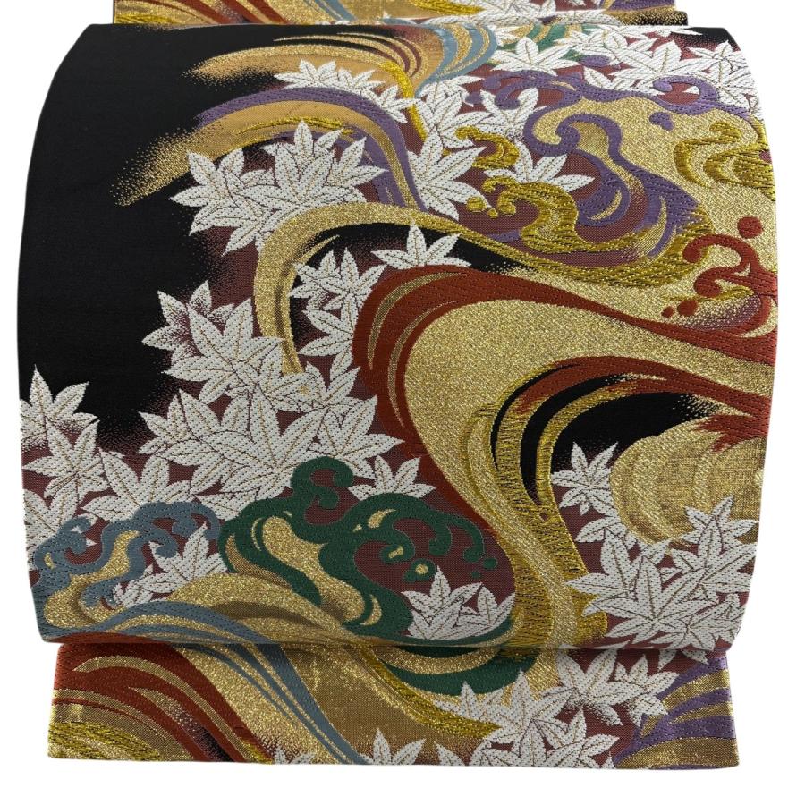 美品 袋帯 秀品 波頭 楓 刺繍 金糸 黒 六通 正絹 中古 : リユース