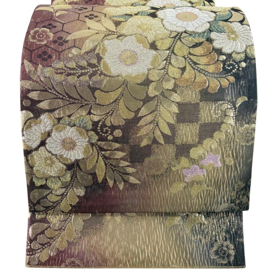 美品 袋帯 秀品 辻が花柄 市松 箔 金銀糸 赤紫 六通 正絹 中古