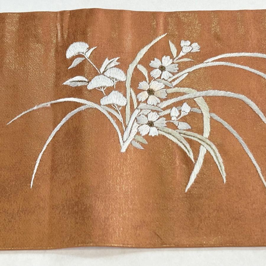名古屋帯 優品 花籠 金糸 刺繍 金茶 正絹 中古 : リユースセレクト 