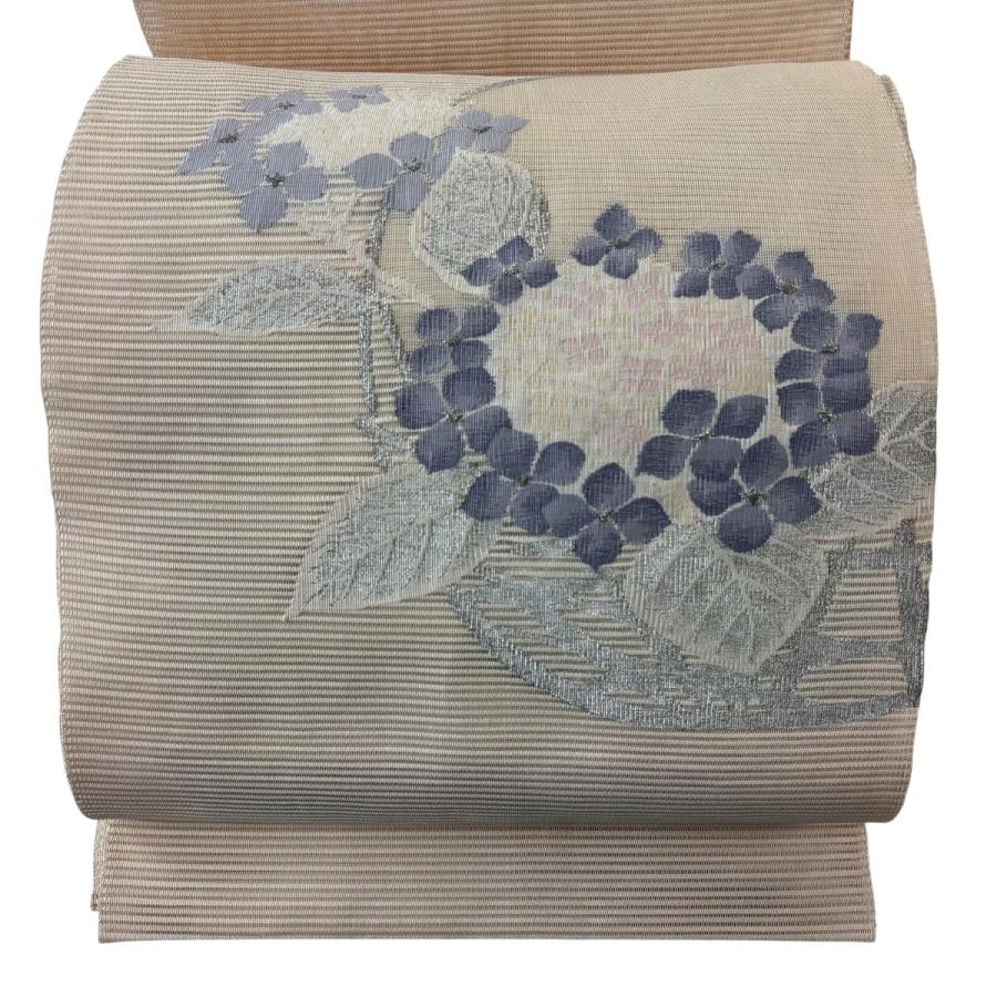 専用帯7876 ○高級 正絹 夏帯 名古屋帯 紫陽花 美品 名古屋帯 秀品 夏帯 紫陽花 銀糸 ベージュ 正絹 中古 : リユース