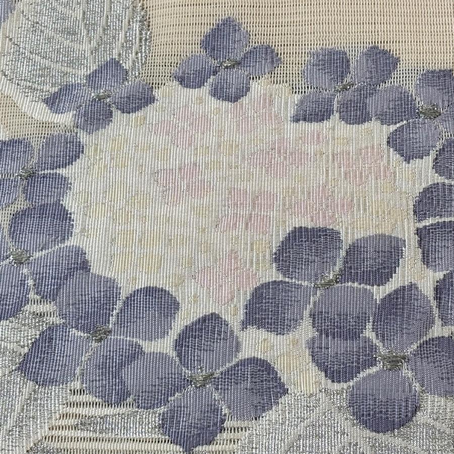 美品 名古屋帯 秀品 夏帯 紫陽花 銀糸 ベージュ 正絹 中古 : リユース