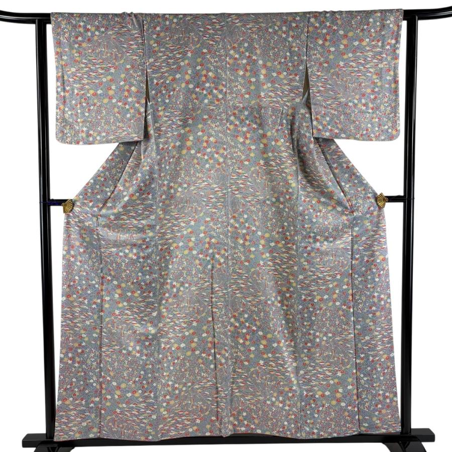 【美品】 小紋 身丈157cm 裄丈62cm 正絹 秀品 【中古】 美品 小紋 身丈157cm 裄丈62cm S 袷 草花 寄せ柄 灰色 正絹 優品 中古