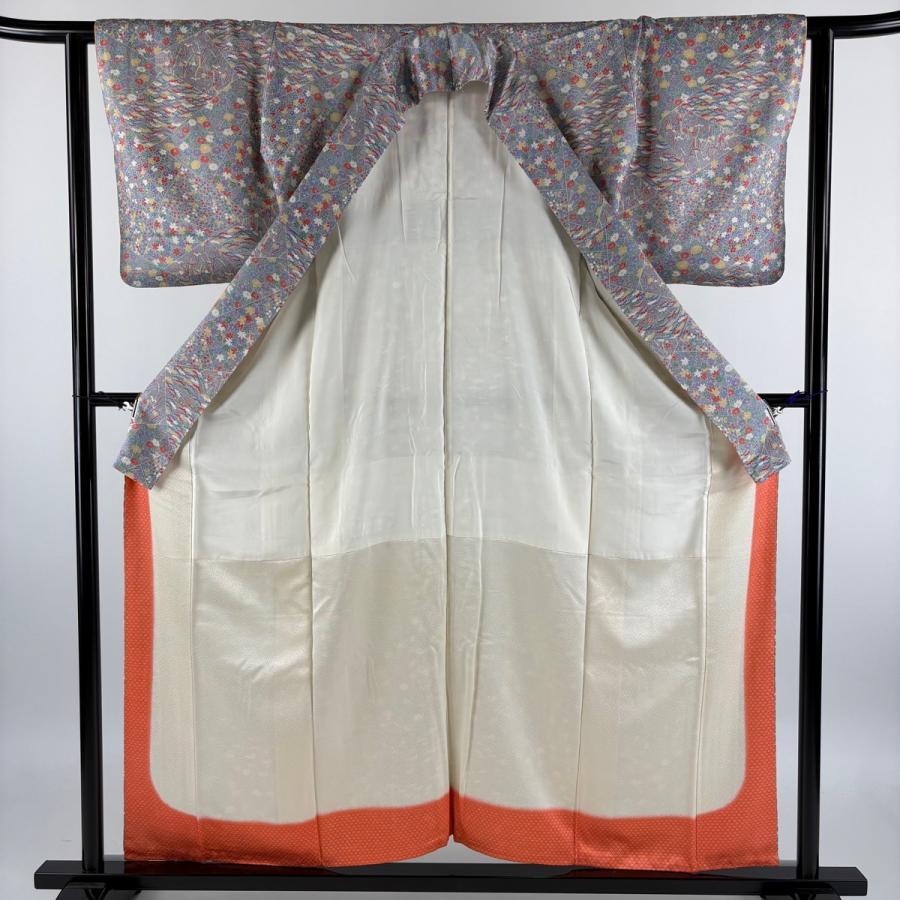 美品 小紋 身丈157cm 裄丈62cm S 袷 草花 寄せ柄 灰色 正絹 優品 中古