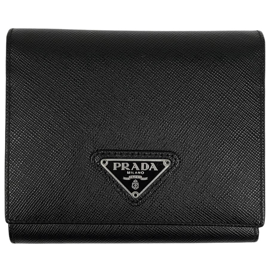 プラダ 三つ折り財布 レザー 1MH176 レディース PRADA  中古 PRADA（プラダ） ロゴ 三つ折り財布 レザー ブラック 1MH176
