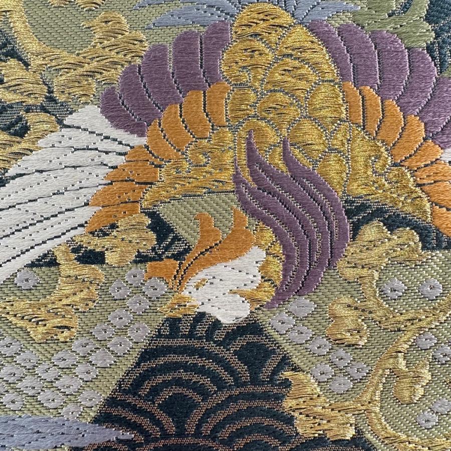 袋帯 秀品 鳳凰 有職文様 金糸 箔 青緑 六通 正絹 中古 : リユース 