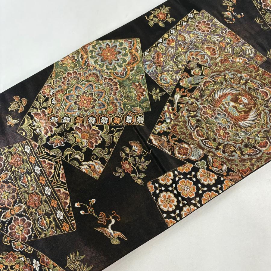 美品 袋帯 秀品 色紙 鳳凰 金糸 箔 焦茶色 六通 正絹 中古 : リユース