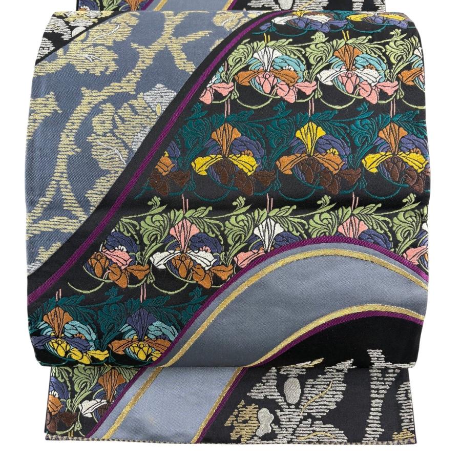 袋帯 秀品 草花 金銀糸 刺繍 灰色 六通 正絹 中古 : リユースセレクト
