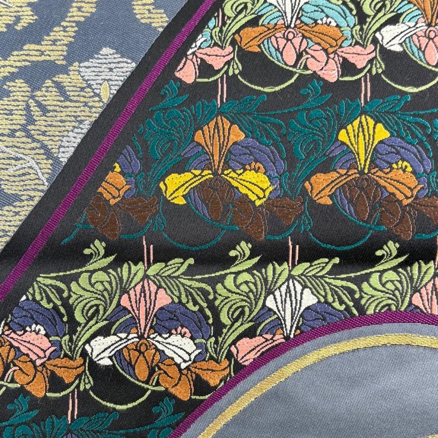 袋帯 秀品 草花 金銀糸 刺繍 灰色 六通 正絹 中古 : リユースセレクト