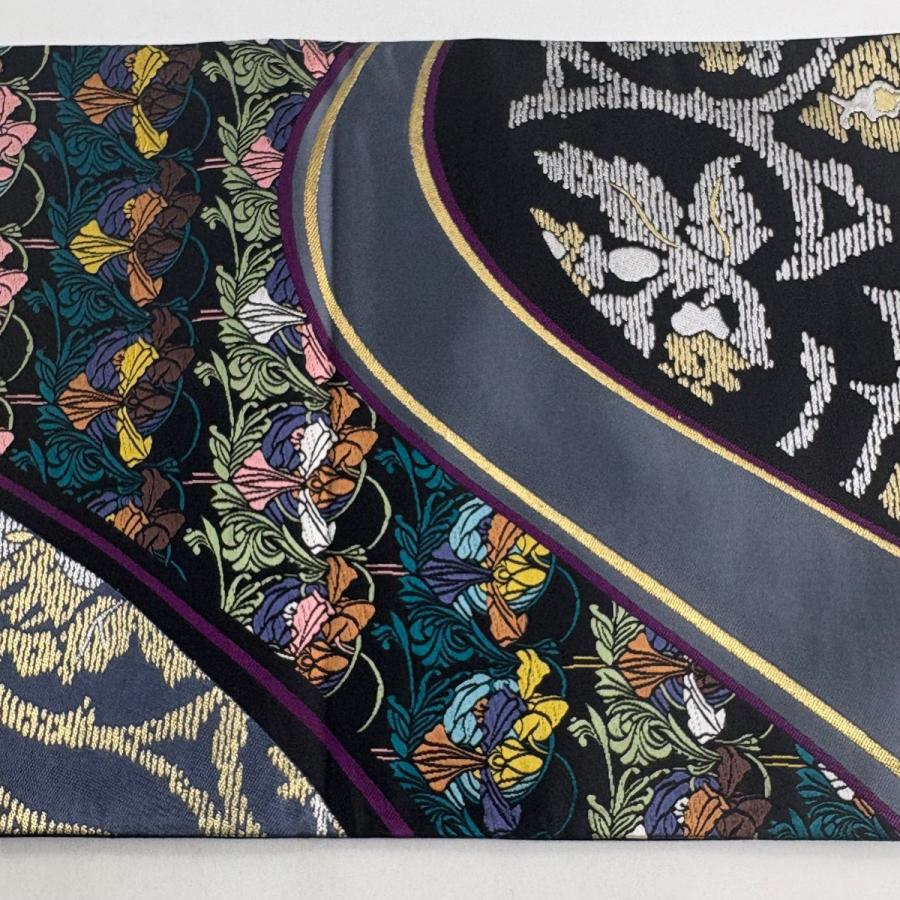 袋帯 秀品 草花 金銀糸 刺繍 灰色 六通 正絹 中古 : リユースセレクト