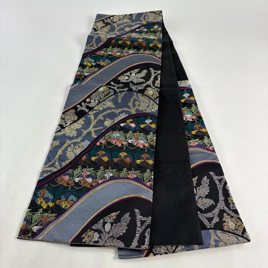 袋帯 秀品 草花 金銀糸 刺繍 灰色 六通 正絹 中古 : リユースセレクト