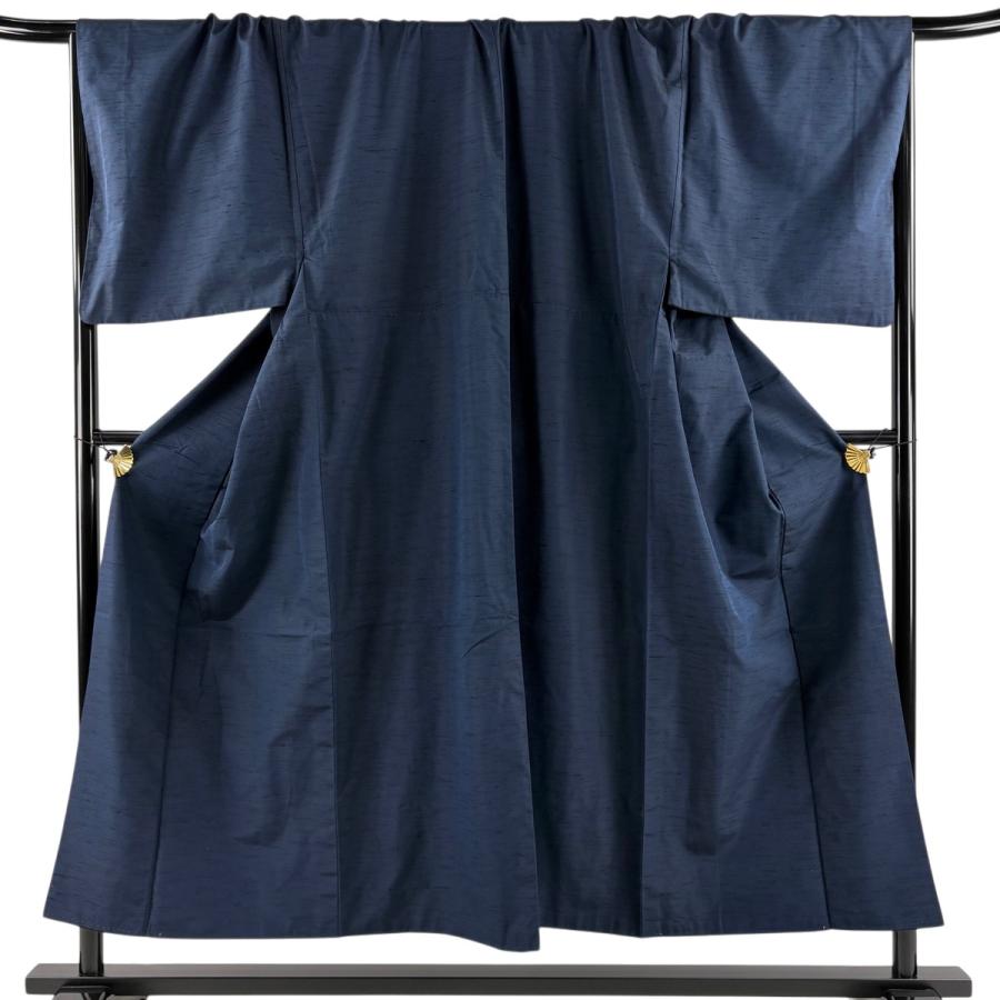 男着物 身丈151cm 裄丈76cm L 袷 アンサンブル 紬 紺色 正絹 名品 中古