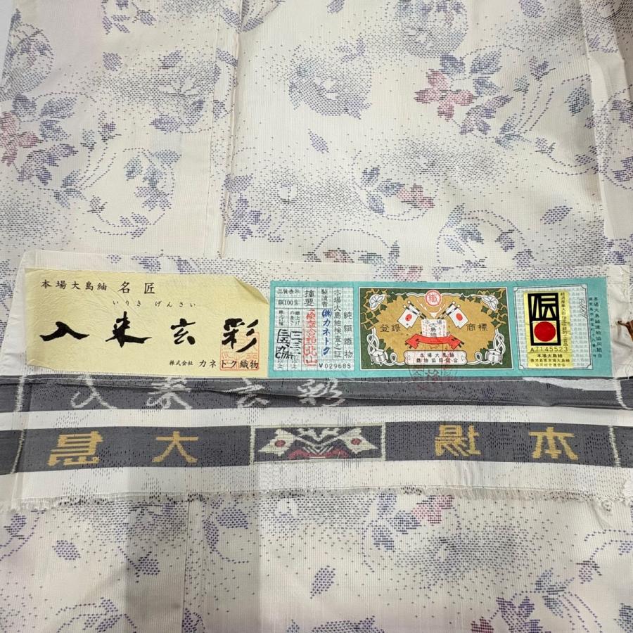 美品 大島紬 身丈155.5cm 裄丈64cm M 袷 証紙あり 花丸文 クリーム
