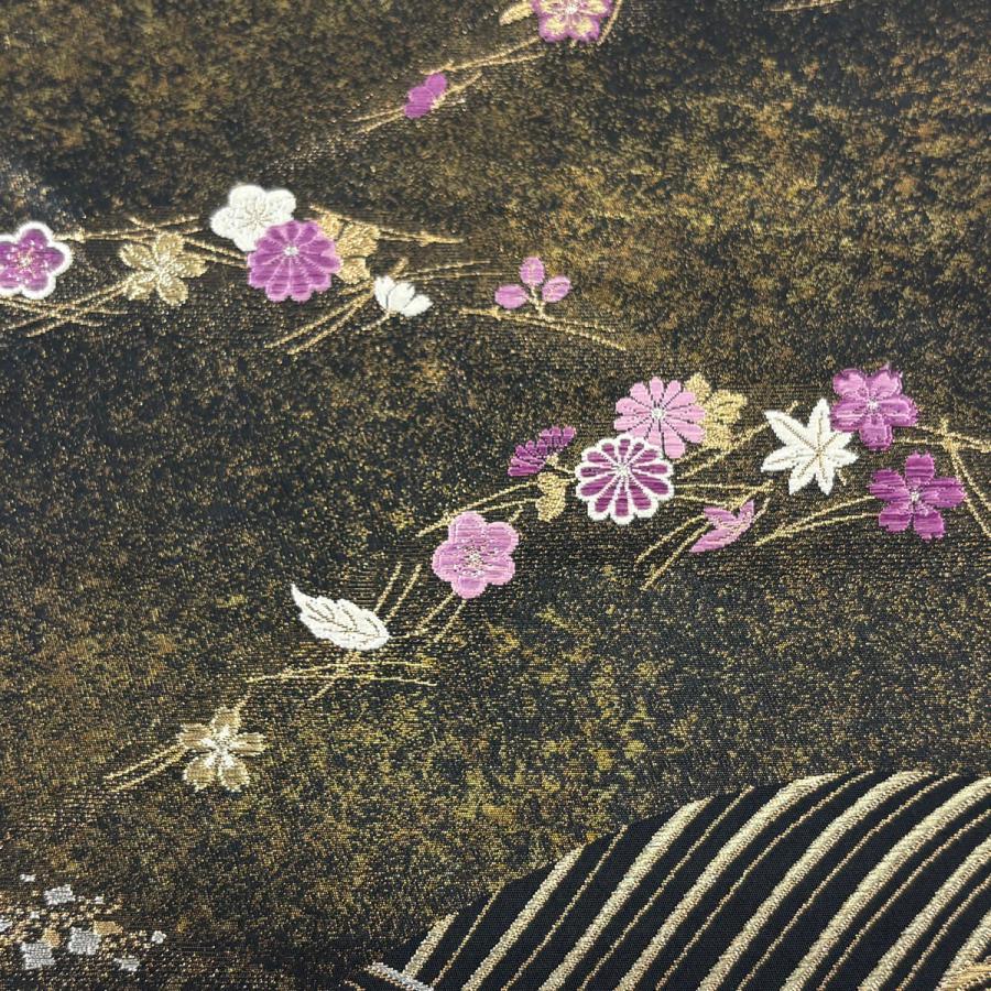 袋帯 逸品 帝王紫 落款あり 菊 波 金銀糸 箔 金茶 お太鼓柄 正絹 中古 