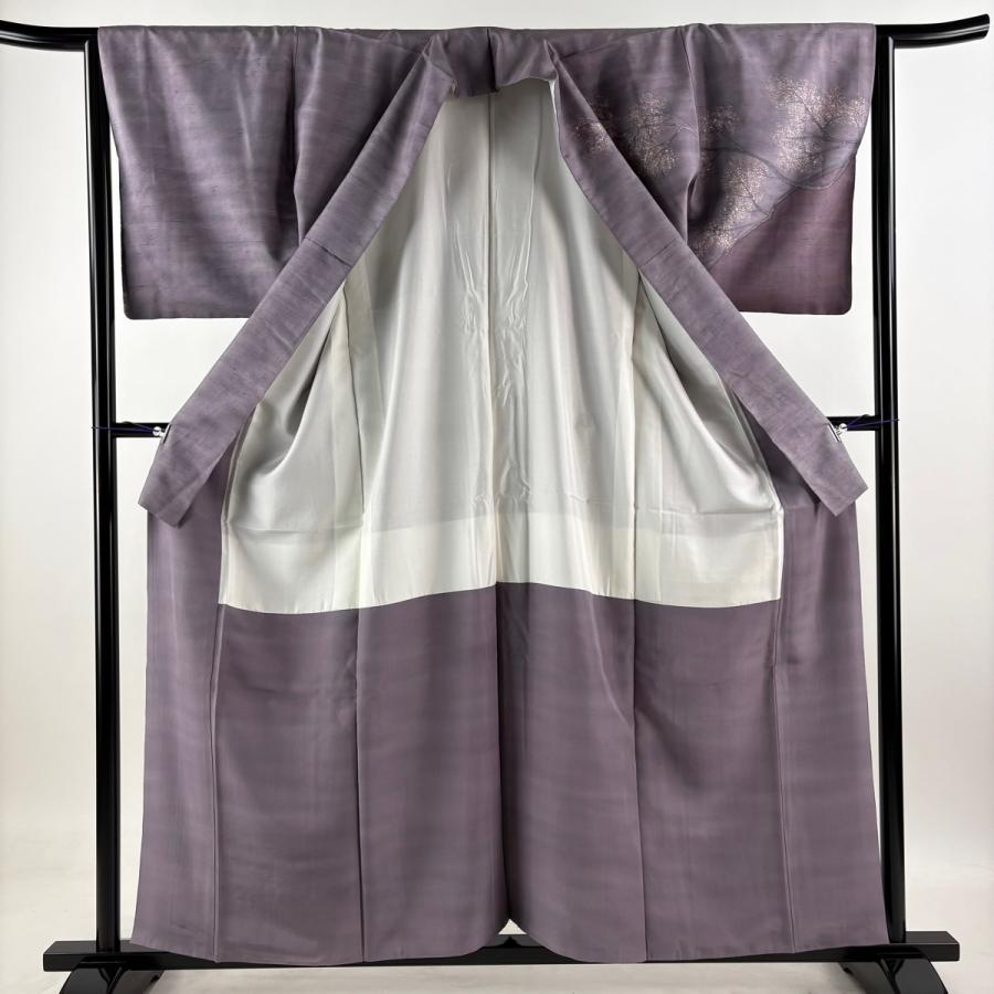 美品 訪問着 身丈158cm 裄丈64.5cm M 袷 牛首紬地 落款あり 枝花 灰紫