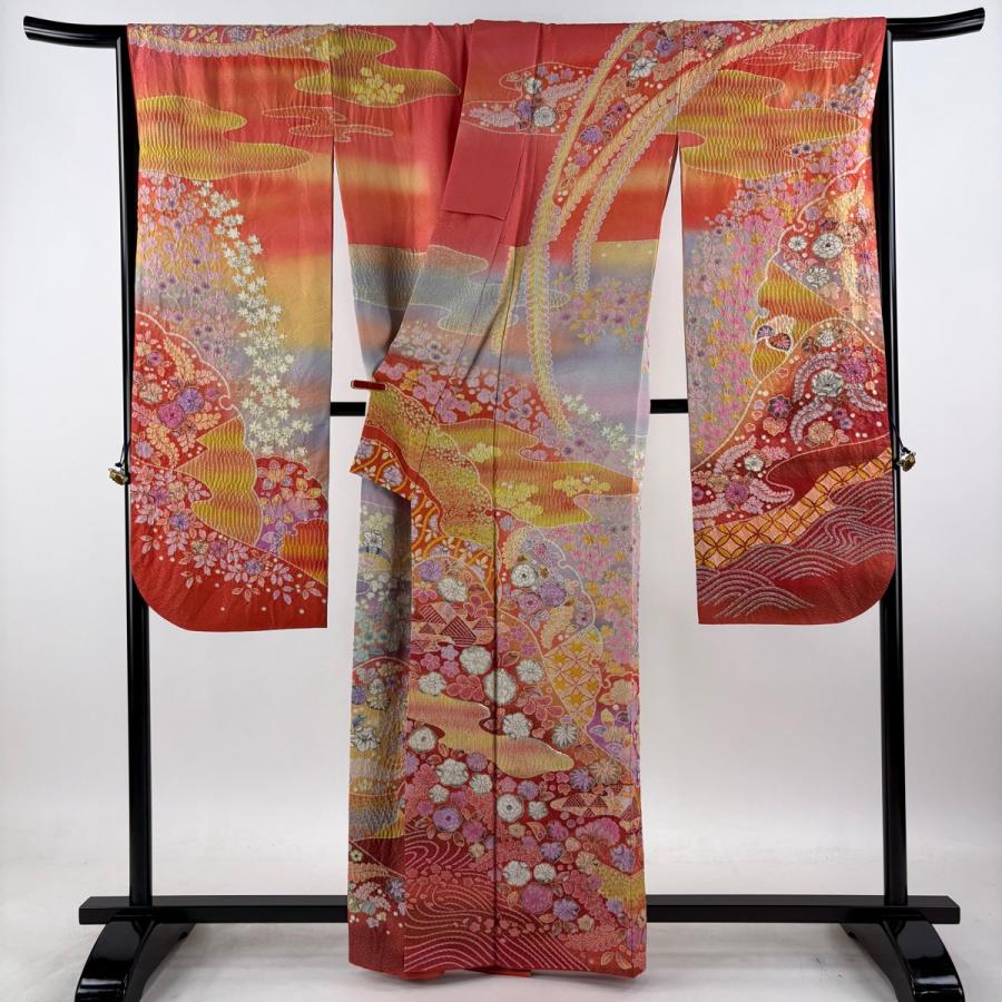 振袖 紺色 辻ヶ花 正絹 【中古】 身丈162cm 裄丈66.5cm 振袖 身丈162cm 裄丈67.5cm L 袷 辻が花柄 絞り 銀通し オレンジ 正絹