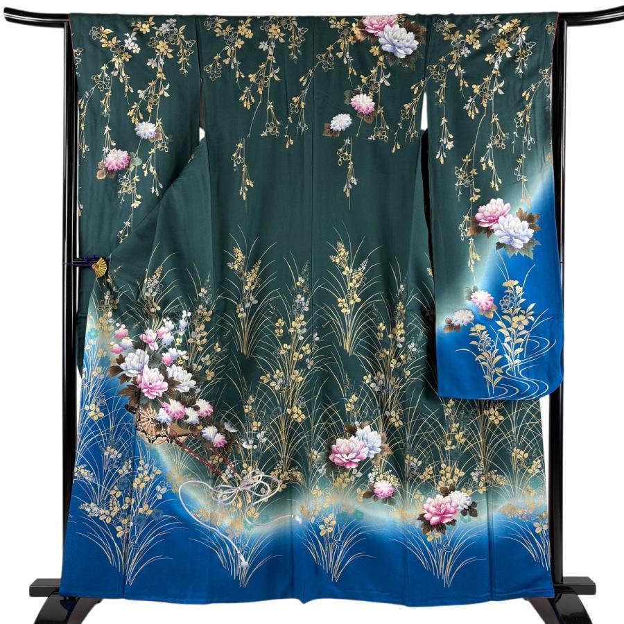 振袖 身丈160.5cm 裄丈64.5cm M 袷 花車 萩 金銀彩 染め分け 深緑 正絹