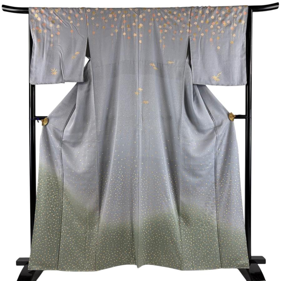 美品 訪問着 身丈162cm 裄丈66cm M 袷 桜 箔散らし 金彩 染め分け 青 
