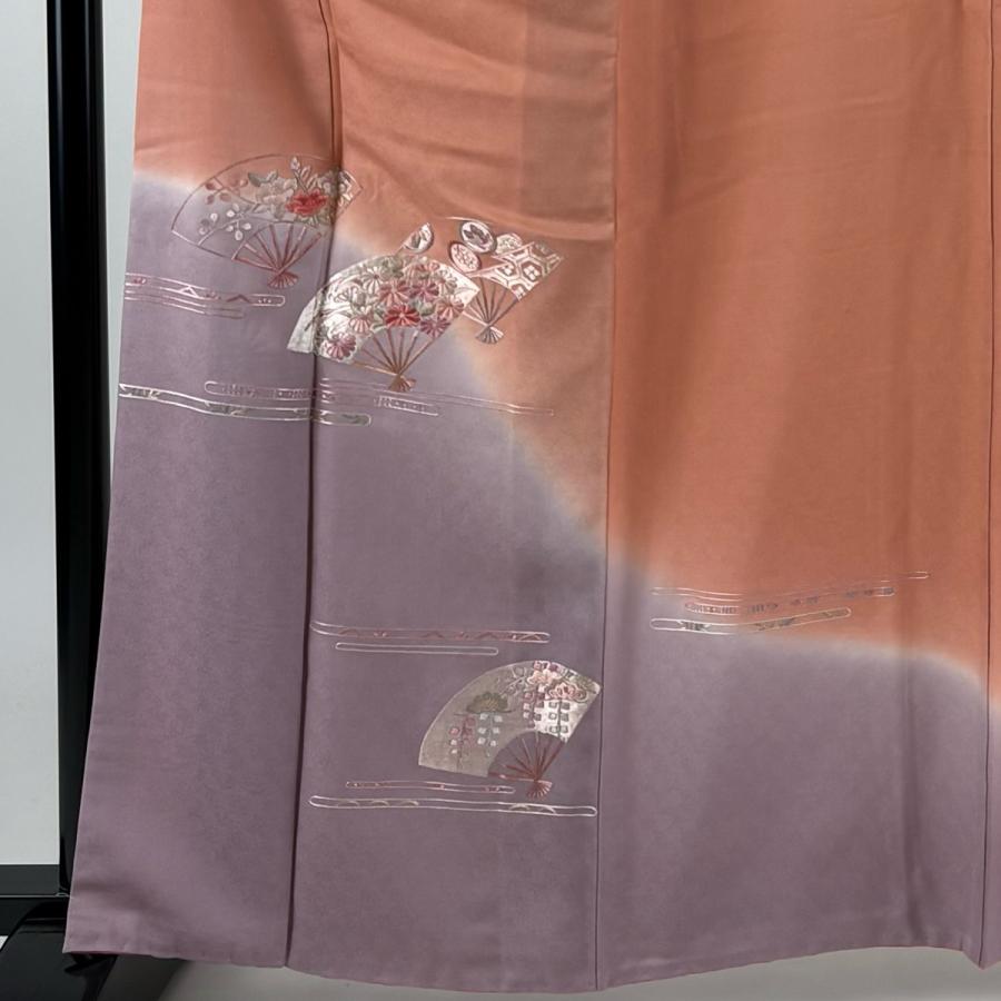 総絞りサーモンピンクに水色〜裄66 付下げ 身丈163.5cm 裄丈63.5cm S 