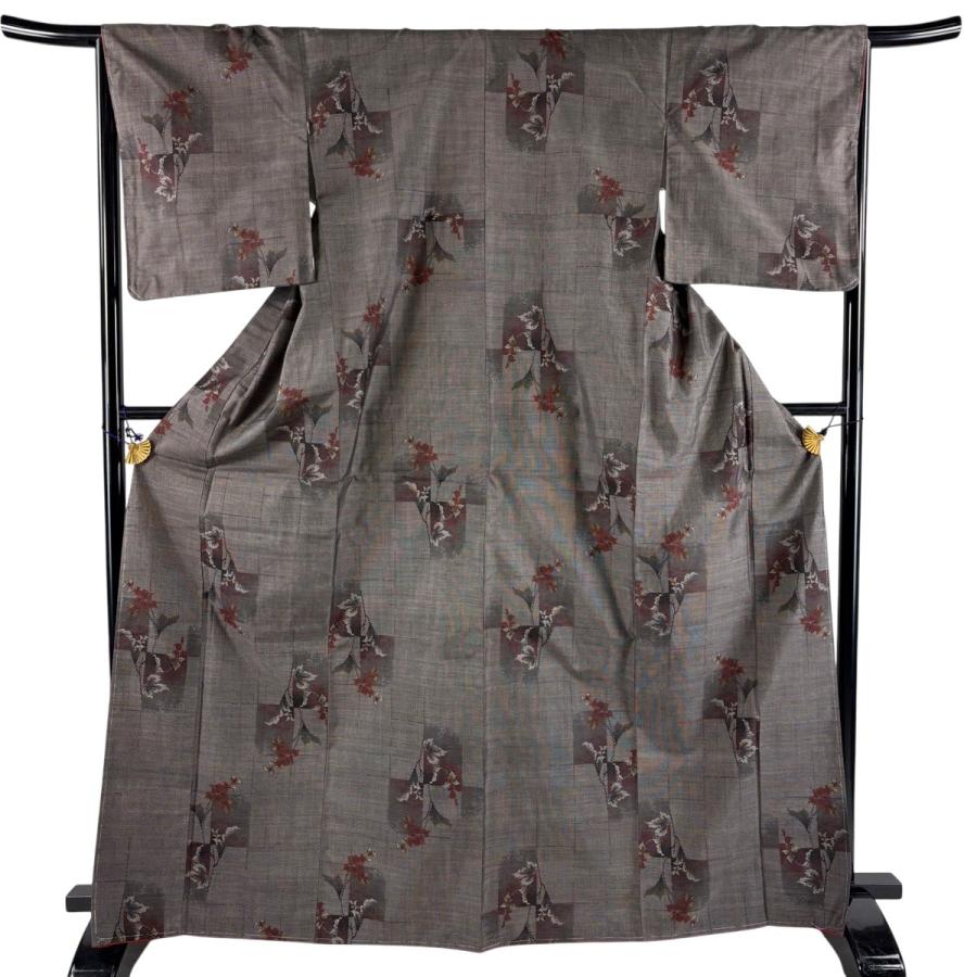 大島紬 身丈168cm 裄丈66cm M 袷 証紙あり 草花 焦茶色 正絹 秀品 中古 