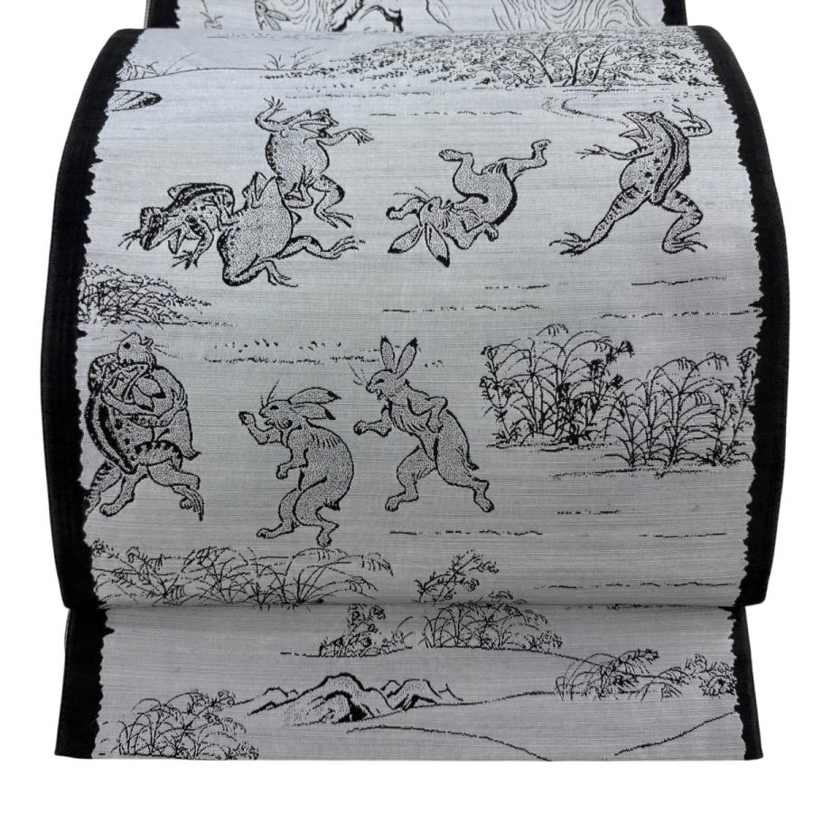 袋帯 逸品 鳥獣戯画 灰色 お太鼓柄 正絹 中古 : リユースセレクト 