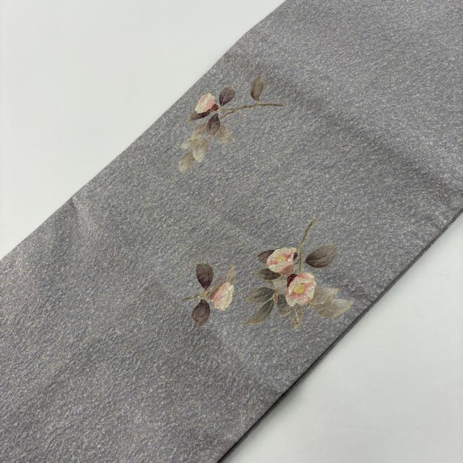 袋帯 秀品 落款 関西仕立て 霞 金銀彩 金糸 灰色 お太鼓柄 正絹 【中古】 美品】 袋帯 秀品 関西仕立て 亀甲 草花 ラメ彩 刺繍 灰茶 お太鼓柄