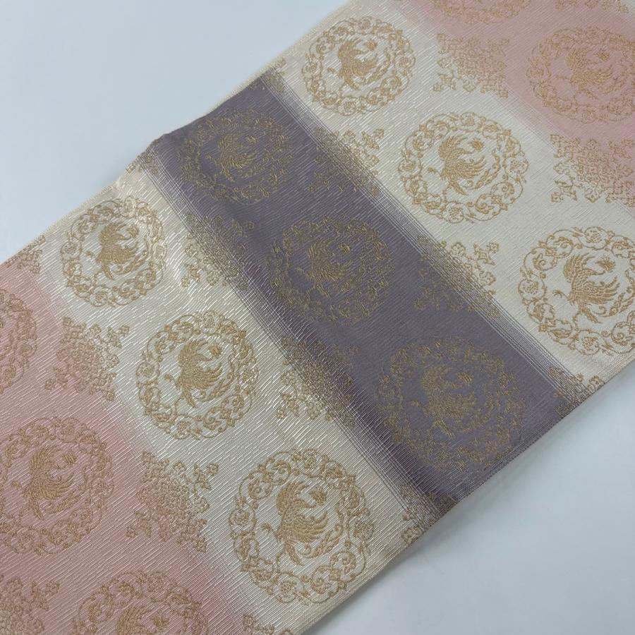 袋帯　正絹　七宝　鳳凰　六通　クリーム　金糸　フォーマル　上品 美品 袋帯 秀品 鳳凰 華文 金糸 クリーム 六通 正絹 中古 : リユース