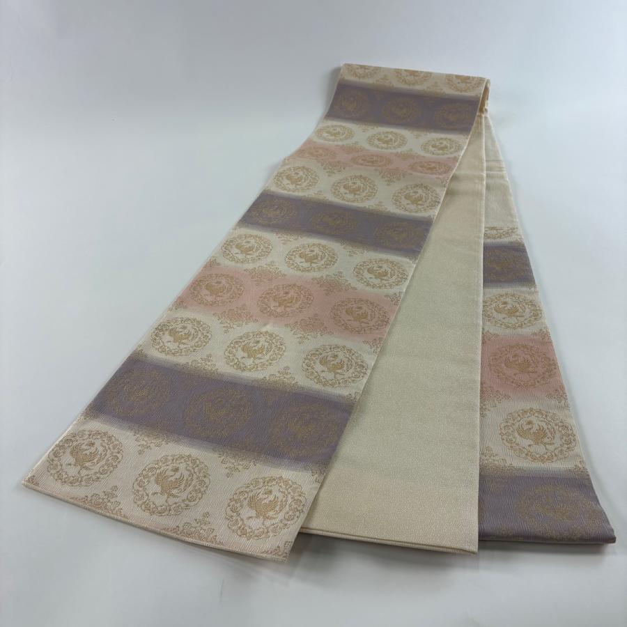 美品 袋帯 秀品 鳳凰 華文 金糸 クリーム 六通 正絹 中古 : リユース