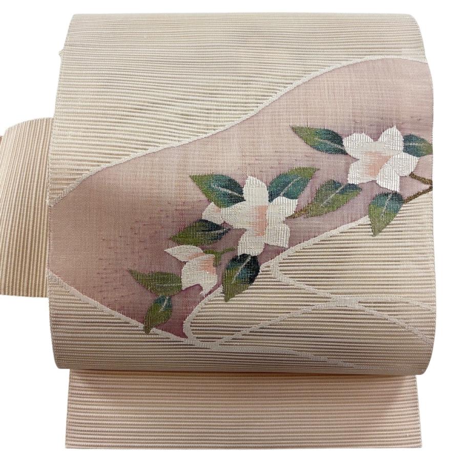 美品 名古屋帯 秀品 夏帯 絽 トンネル仕立て 草花 銀糸 ベージュ 正絹