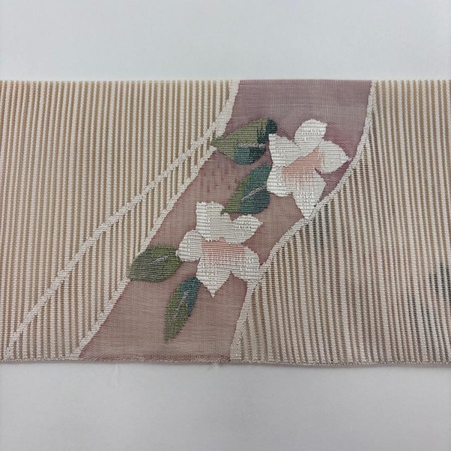 美品 名古屋帯 秀品 夏帯 絽 トンネル仕立て 草花 銀糸 ベージュ 正絹