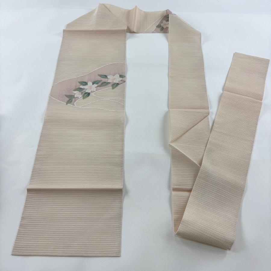 美品 名古屋帯 秀品 夏帯 絽 トンネル仕立て 草花 銀糸 ベージュ 正絹