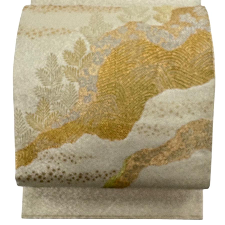 袋帯 秀品 関西仕立て 明綴 草花 波 箔 金銀糸 金色 お太鼓柄 正絹 