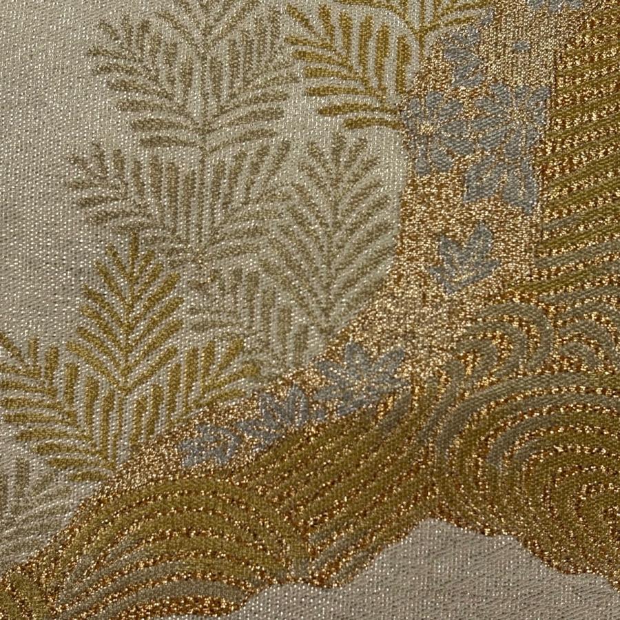 袋帯 名品 関西仕立て 草花 流水 金糸 刺繍 ベージュ お太鼓柄 正絹 