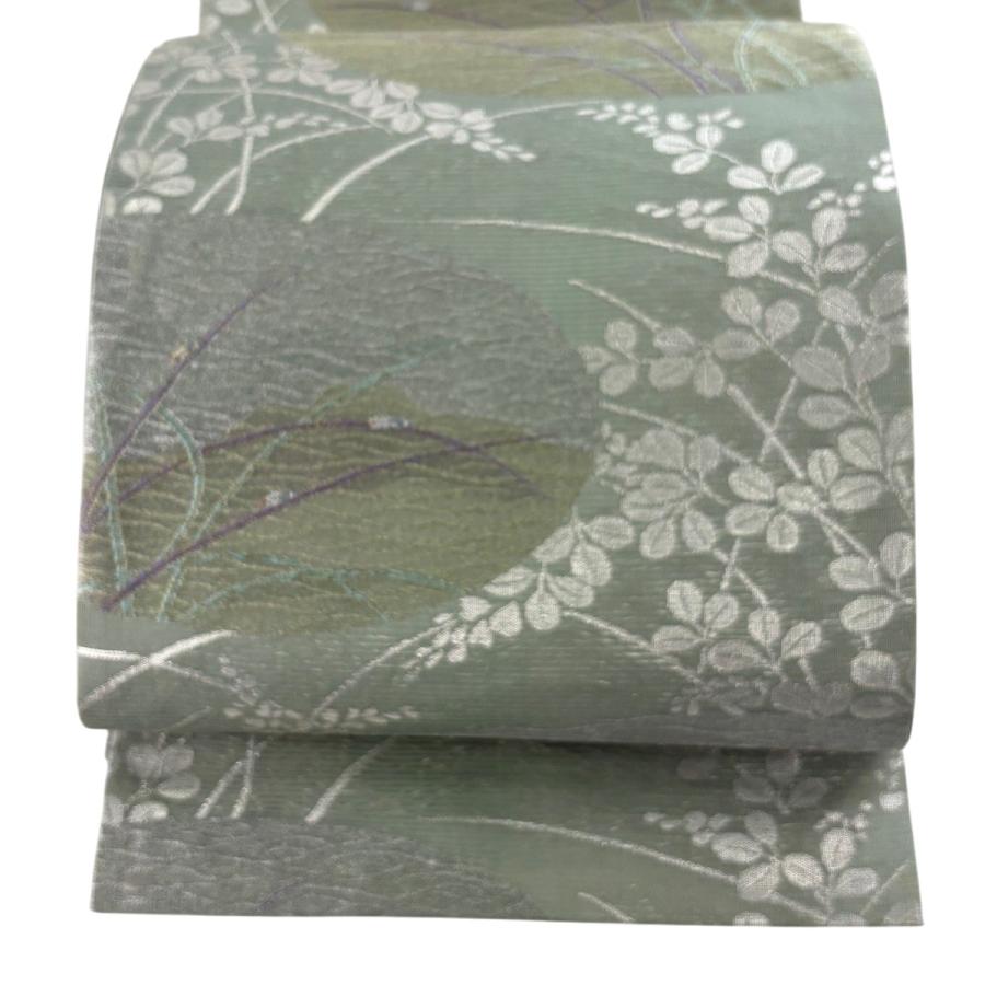 袋帯 秀品 夏帯 絽 萩 蛍 箔 薄緑 六通 正絹 中古 : リユースセレクト