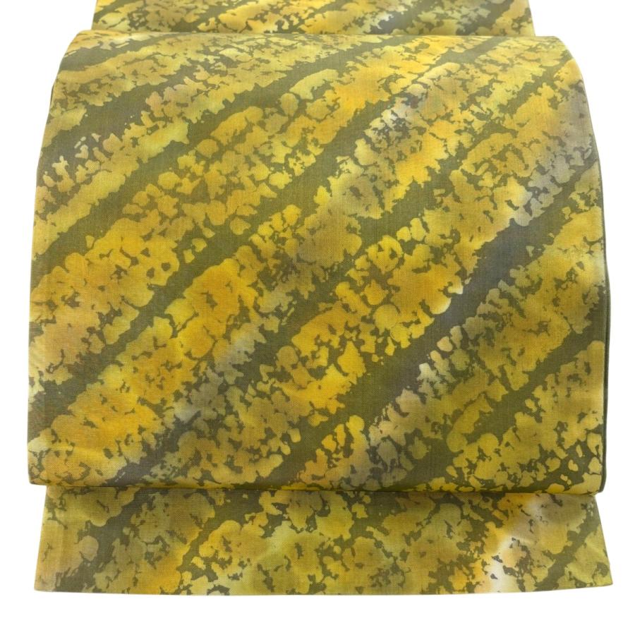 美品 袋帯 秀品 紬地 幾何学 からし色 全通 正絹 中古 : リユース 