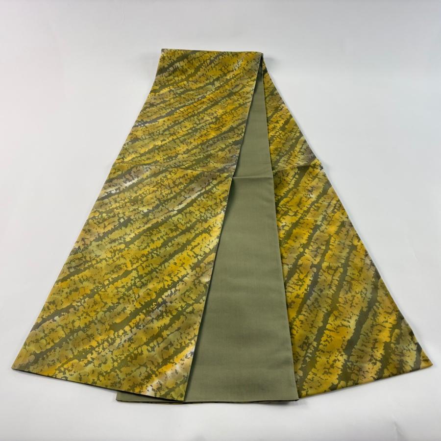 美品 袋帯 秀品 紬地 幾何学 からし色 全通 正絹 中古 : リユース 