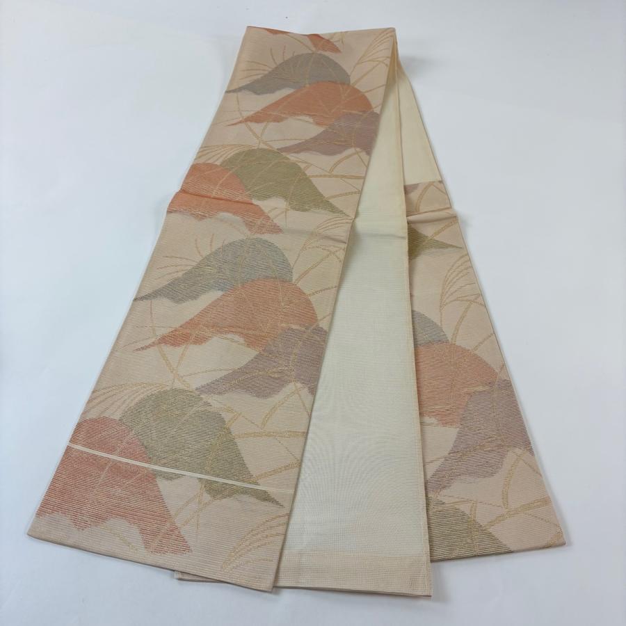 袋帯 秀品 夏帯 絽 山並み すすき 箔 薄オレンジ 六通 正絹 中古 