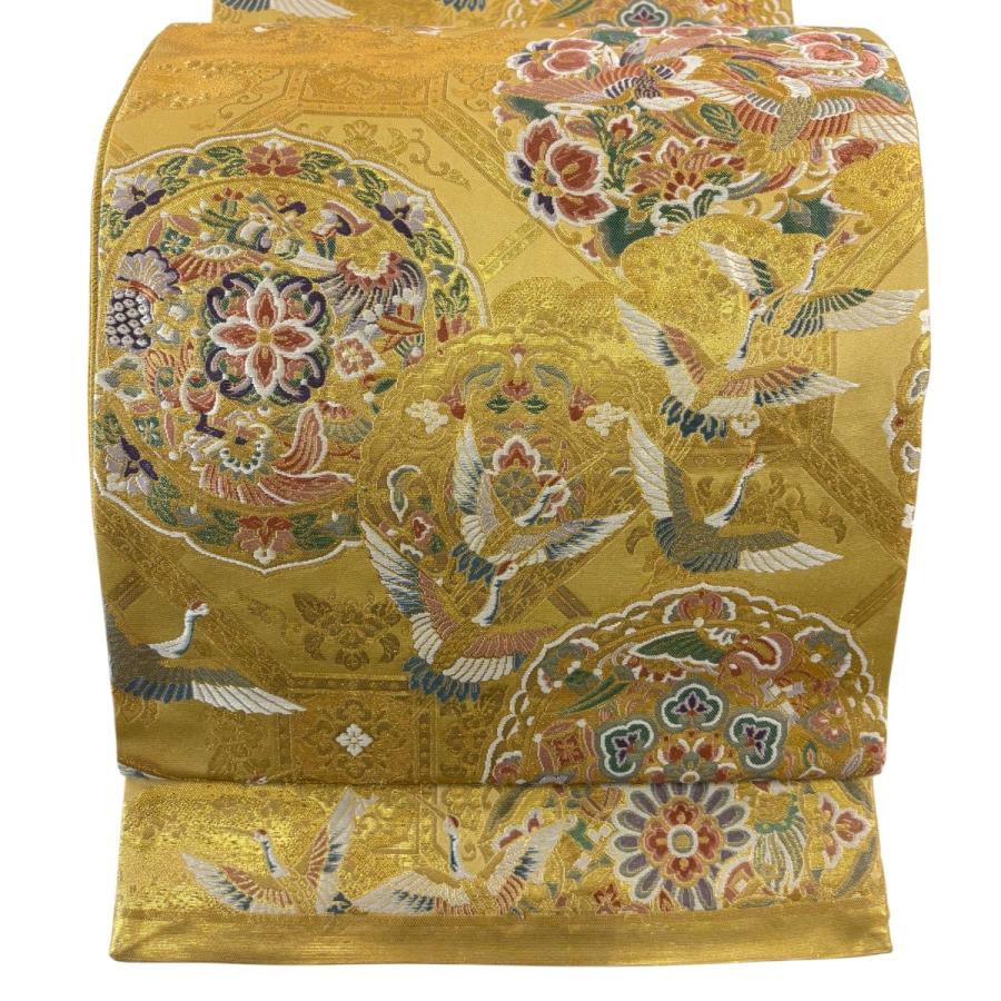 袋帯 秀品 国鳥の舞 華文 鳥 金色 六通 正絹 中古 : リユースセレクト