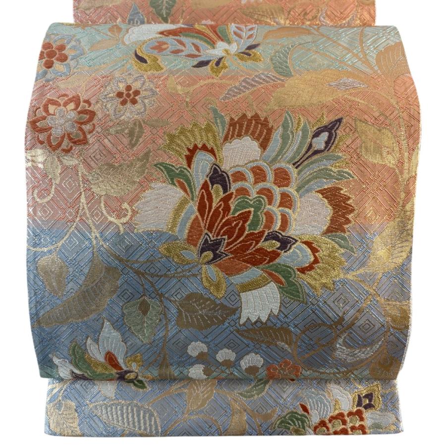 袋帯 秀品 花唐草 段縞 刺繍 金銀糸 サーモンピンク 六通 正絹 中古 